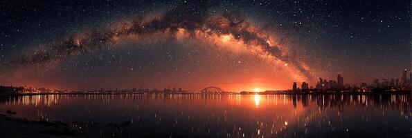 Stunning night view of the Milky Way over the city skyline and reflective waters at dawn photo