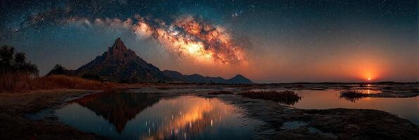 Starry night sky over mountain and calm water reflects the Milky Way in a serene landscape photo