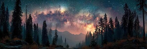 Stunning night sky with milky way above pine forest in mountain landscape photo