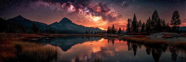 Vivid night sky with stars and milky way reflecting on calm lake at sunset in a serene mountain landscape photo