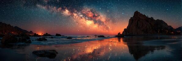 Stunning night sky over the ocean with the Milky Way shining brightly at a remote beach location in the evening photo