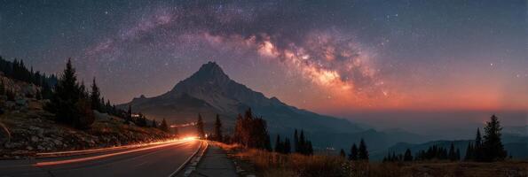 Stunning view of the Milky Way over a mountain road at dusk with car lights illuminating the landscape photo