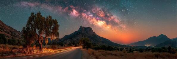 Stunning view of the Milky Way galaxy over mountains and a winding road at dusk photo