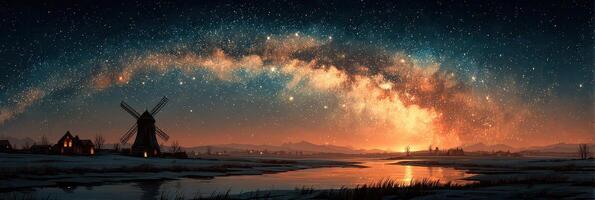 Expansive night sky filled with stars over a tranquil landscape featuring a windmill and water reflection in winter photo