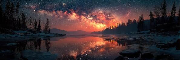 Starlit lake with vibrant reflections under a cosmic sky during a clear night in a forest photo