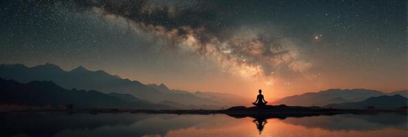 Peaceful meditation under a starry sky over mountains at twilight, capturing the essence of tranquility and connection to nature photo