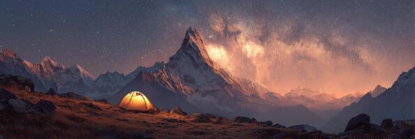 Majestic mountains and a glowing tent under a starry sky at night photo