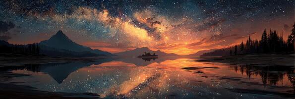 Stunning view of the Milky Way over tranquil lake at sunset with mountain silhouettes photo