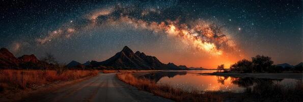 Majestic Milky Way shining over a calm lake and rocky mountains at dusk in a desert landscape photo