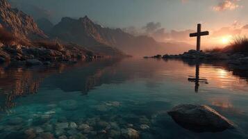 Calm waters reflect mountains and a cross at sunset near a serene lake in a peaceful landscape photo