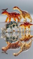 Colorful glass dinosaur figurines arranged on a reflective surface display their intricate designs and vibrant colors in a captivating way photo