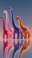 Colorful dinosaur figures standing in a row against a gradient background during sunset photo