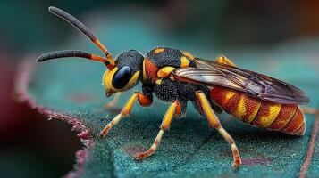 Close-up view of a colorful insect resting on a green leaf in a natural environment during daylight hours photo