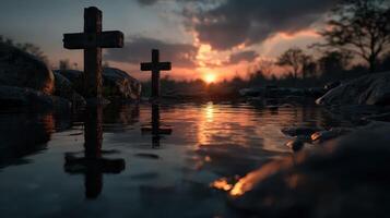 Crosses reflect in water during sunset at a serene location with calm skies and distant trees photo