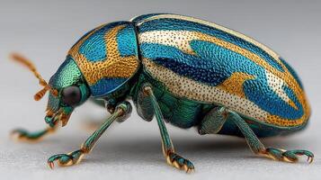Colorful metallic beetle crawling on a surface in detail showcasing vibrant patterns and unique textures photo