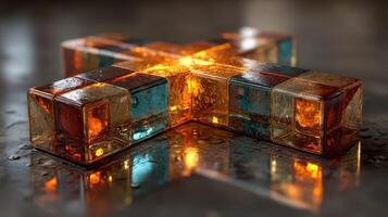 Intricate glass cross sculpture illuminated by warm light on a reflective surface photo