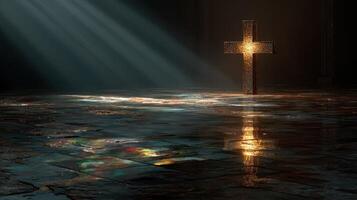 Cross illuminated by warm light in a darkened space, creating a spiritual atmosphere of reflection and hope photo