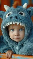 Child in cozy monster costume with blue eyes enjoys playful moment indoors during autumn afternoon photo