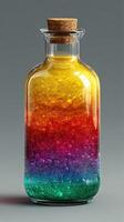 Colorful liquid layers in a glass bottle create a mesmerizing rainbow effect during a creative crafting session photo