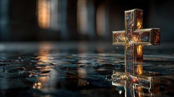 Reflective cross resting on water surface with ambient lighting in a serene setting photo