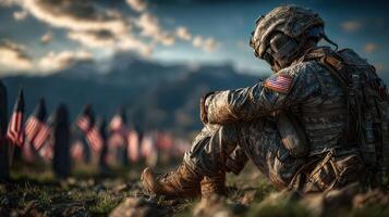 Soldier reflecting in a cemetery surrounded by American flags during sunset in a peaceful mountainous area photo