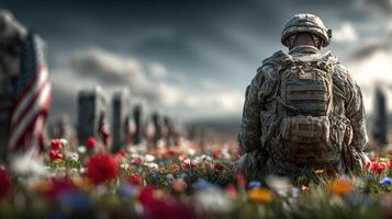 Soldier honoring fallen comrades in a cemetery filled with flowers during a somber afternoon photo