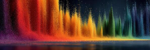 Colorful waves of vibrant powder create an artistic display in a dynamic landscape at dusk photo