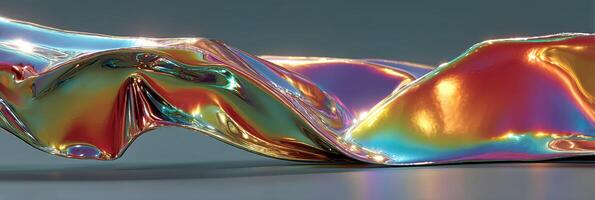 Reflective metallic surface showcasing vibrant colors and flowing shapes with an abstract pattern under soft lighting photo