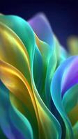 Colorful flowing abstract shapes create dynamic patterns in a striking design against a dark background photo
