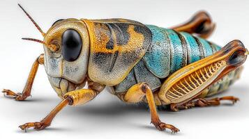 Colorful grasshopper explores a clean surface in a close-up view showcasing intricate details and vibrant patterns photo