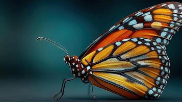Monarch butterfly resting on a surface with vibrant orange and blue patterns photo