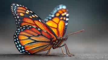 Monarch butterfly resting on a surface showcasing vibrant orange and black wings in natural light photo