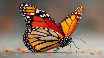 Vibrant monarch butterfly perched on a colorful surface during early morning light in a natural setting photo