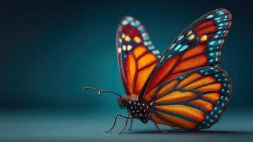 Vibrant butterfly resting on a surface with intricate patterns and colors under soft light photo