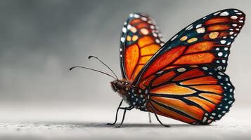 Monarch butterfly perched on a surface with wings spread wide in bright orange and black colors during a calm moment photo