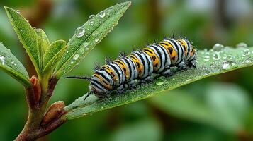 Colorful caterpillar resting on a leaf after rain in a lush garden setting during early morning hours photo