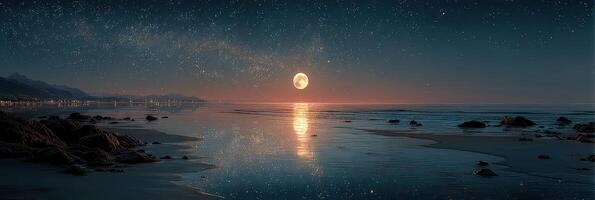 Moonlight reflects on calm ocean surface at twilight near coastal town photo