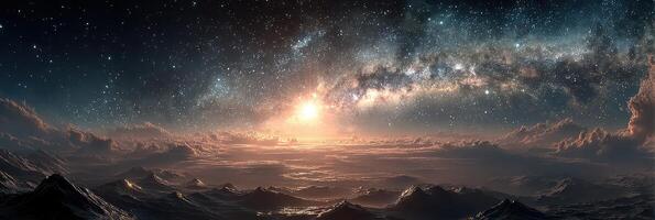 Stunning view of a galactic sunset over a rugged landscape captured in deep space photo
