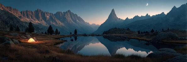 Majestic mountain landscape at dusk with a tent and serene reflection in a calm lake photo