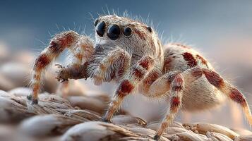 Detailed close-up of a spider on textured surface showcasing its intricate features and natural habitat photo