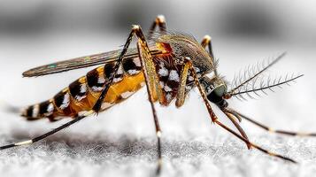 Close-up view of a mosquito showing intricate details of its body and wings under natural light photo