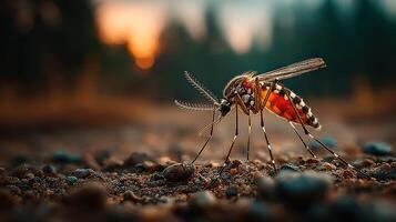 Detailed close-up of a mosquito resting on the ground at dusk in a natural setting photo