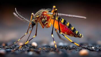 Close-up view of a colorful mosquito resting on a dark surface during twilight photo