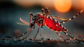 Close-up of a mosquito at dusk with sunlight highlighting its details in a natural setting photo