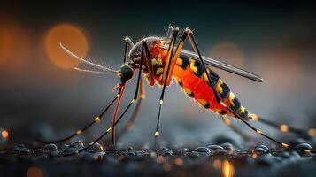 Close-up view of a vibrant mosquito perched on a wet surface during twilight photo