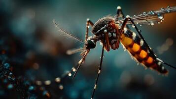 Close-up view of a mosquito resting with water droplets in a natural setting during morning light photo