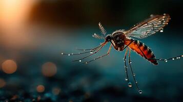 Close-up view of a mosquito resting on a surface with water droplets at sunset photo