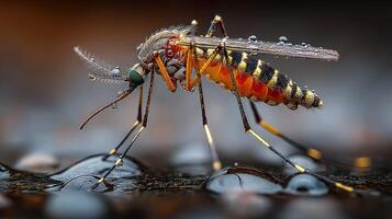 Close-up view of a mosquito on droplets highlighting its intricate details and vibrant colors during early dawn light photo