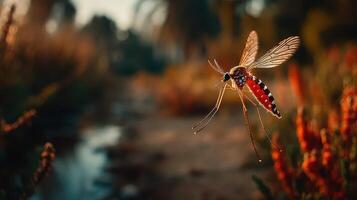 Mosquito flying near a stream at sunset with colorful flora in the background photo