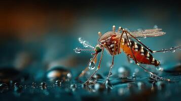 Close-up of a mosquito on a wet surface showcasing details of its body and water droplets in a natural setting during dusk photo